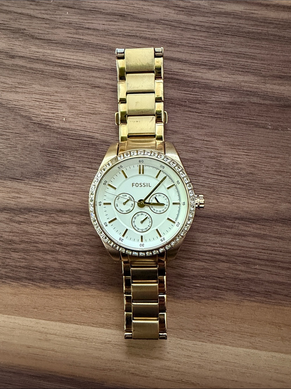 Fossil Gold Tone Women's Watch with White Dial and Crystal Bezel